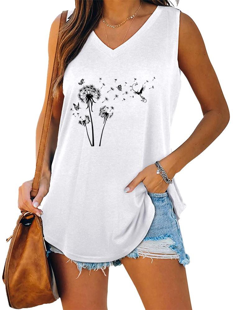 Women Fashion V Neck Printed Sleeveless Top Summer Casual Pullover Loose Tank Top