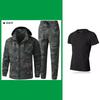 Mens Outdoor Hiking Suit With Raglan Sleeves Detachable Hood Large Pockets Zippered Leg Camo Workwear
