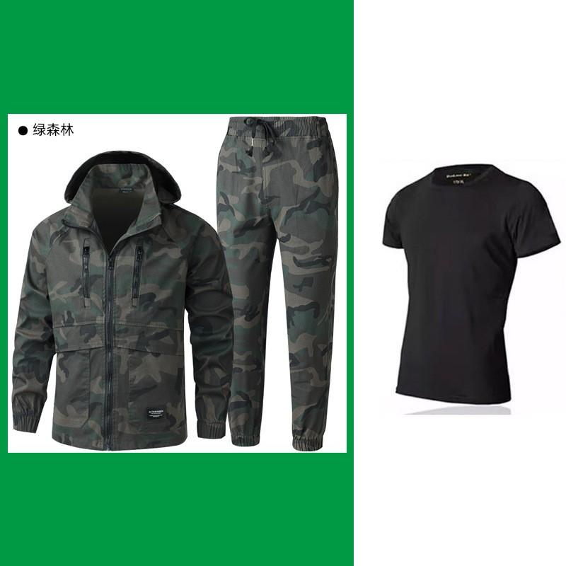 Mens Outdoor Hiking Suit With Raglan Sleeves Detachable Hood Large Pockets Zippered Leg Camo Workwear