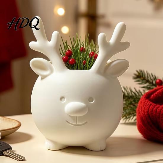 Ceramic Style Vase 3D Printed Reindeer Succulents Planter Pot for Indoor Plants Decorative Desktop Modern Art Sculpture Organizer Christmas