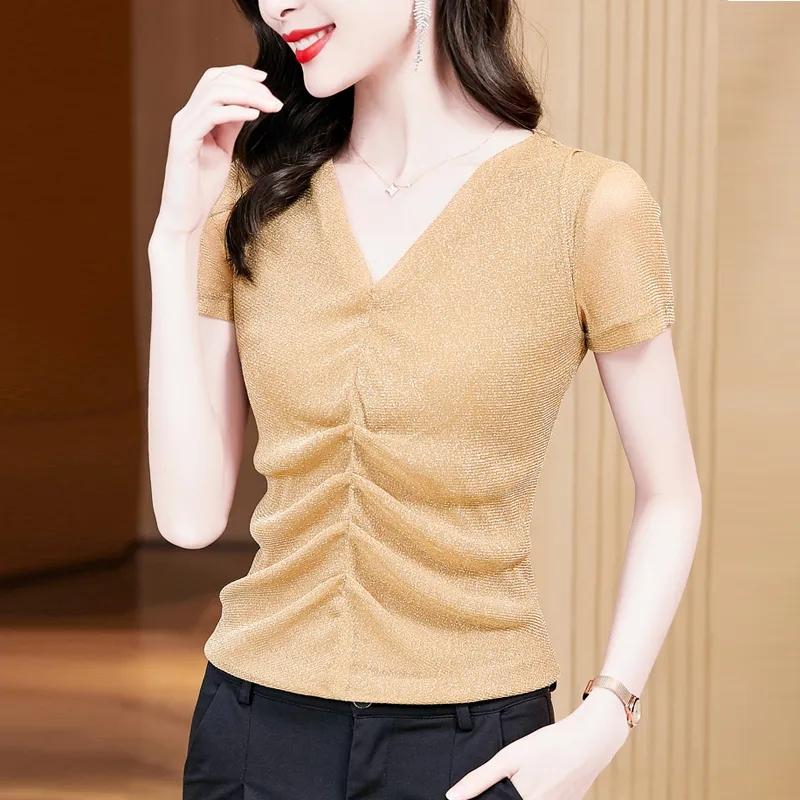 Elastisk Mesh-topp sommar Damskjorta med plisserad botten i briljant siden Slim Fit T-shirt för mamma