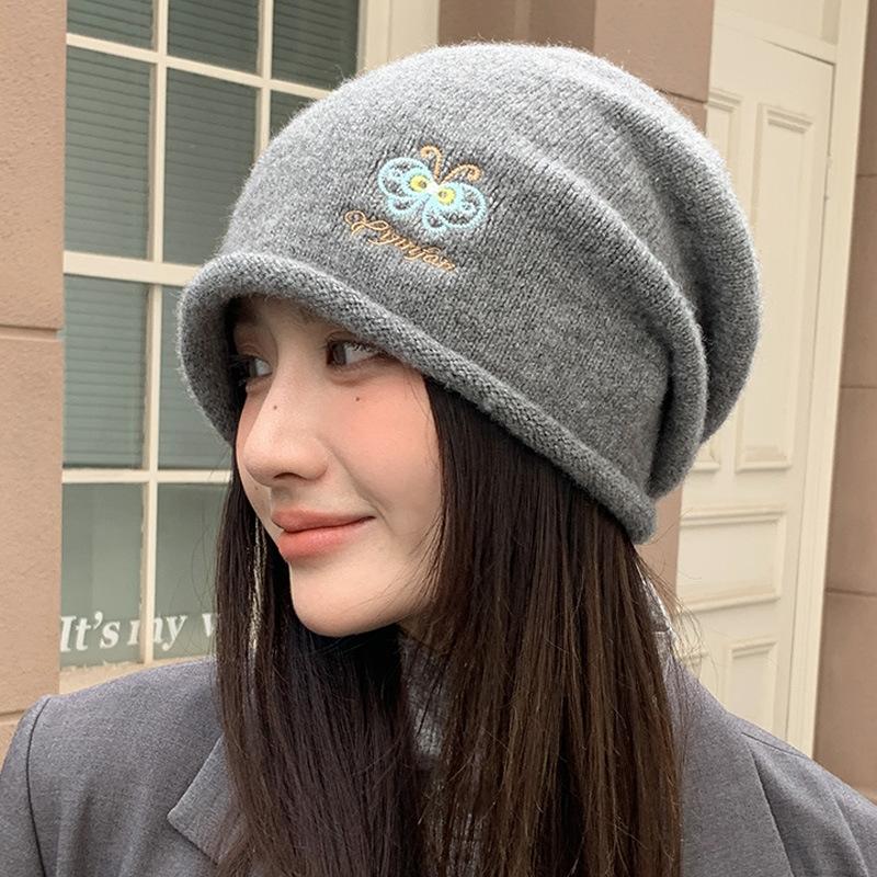 

Korean Style Bow Embroidery Pile Hat Big Head Circumference Showing Face Small Pullover Hat for Women In FallSeason and ColdSeason Warm Knitted Wool One Size