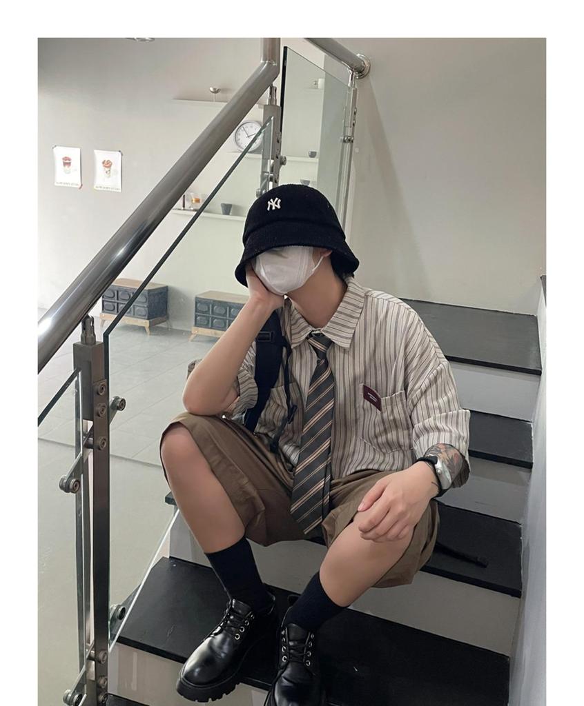 2023 Summer Unisex Japanese Retro Striped Lapel Short-Sleeve Trendy Shirt