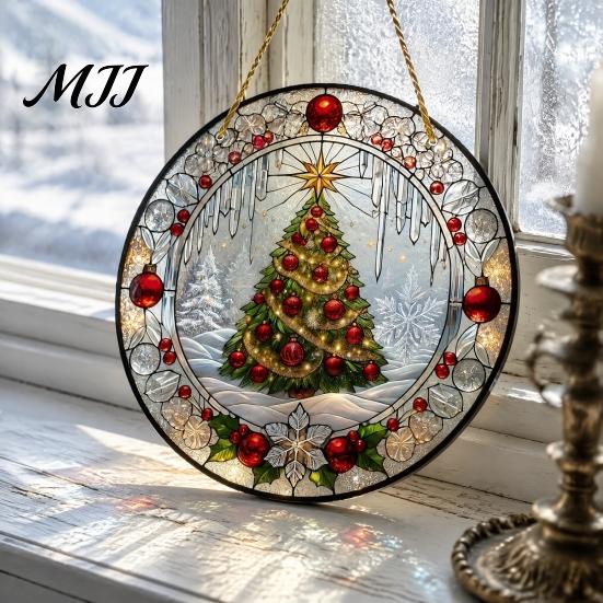 Transparent Acrylic Hanging Ornaments Stained Glass Style Window Hanging, Christmas Tree Snow Scene Xmas Gift for Family Friends Suncatcher, Door Home