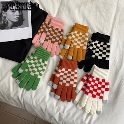 Korean Chessboard Knitted Touchscreen Couple Gloves Women's Autumn and Winter Knitted Warm Student Five Finger Gloves