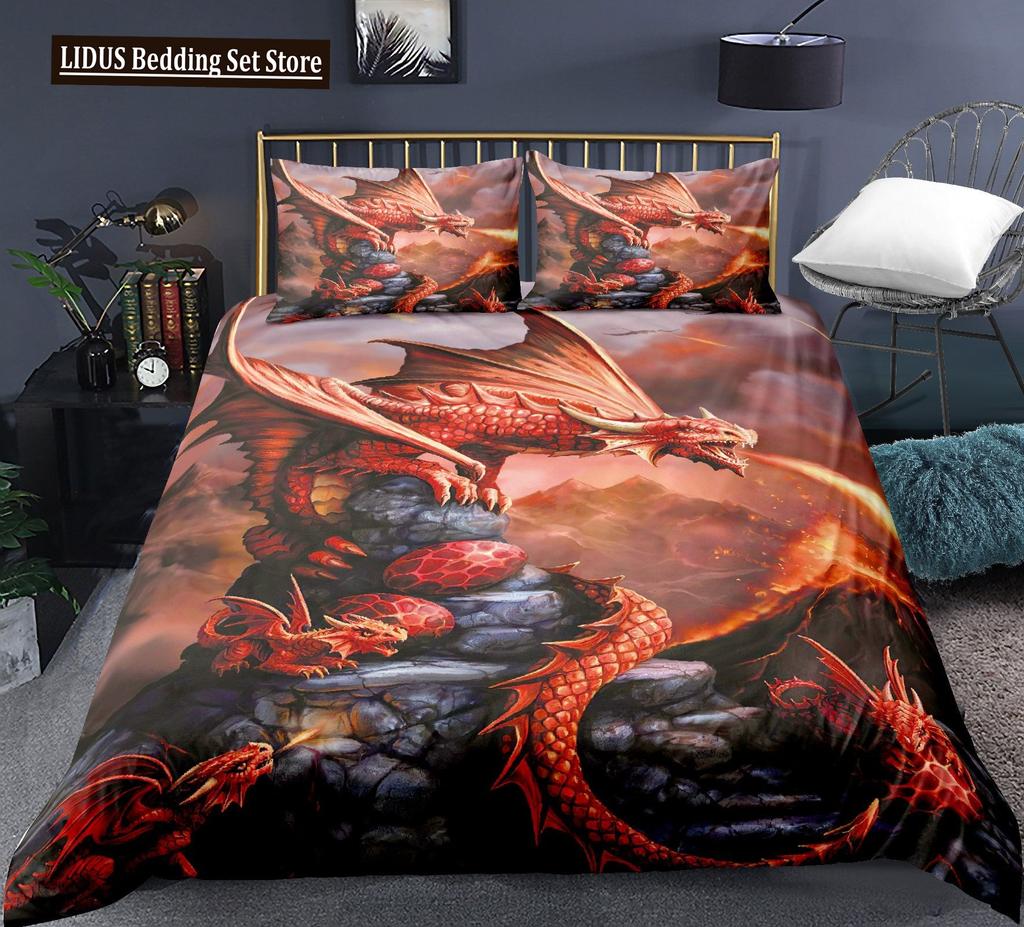 Dragon And Phoenix Duvet Cover Set Full Queen Size, Fantasy World Monster Gothic Bedding Sets Bohemian Mandala Comforter Cover