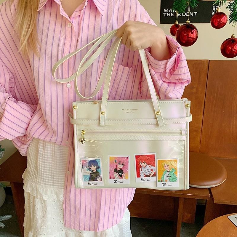 Color Simple Solid Shoulder Bag With Transparent Layer For Storing Badges