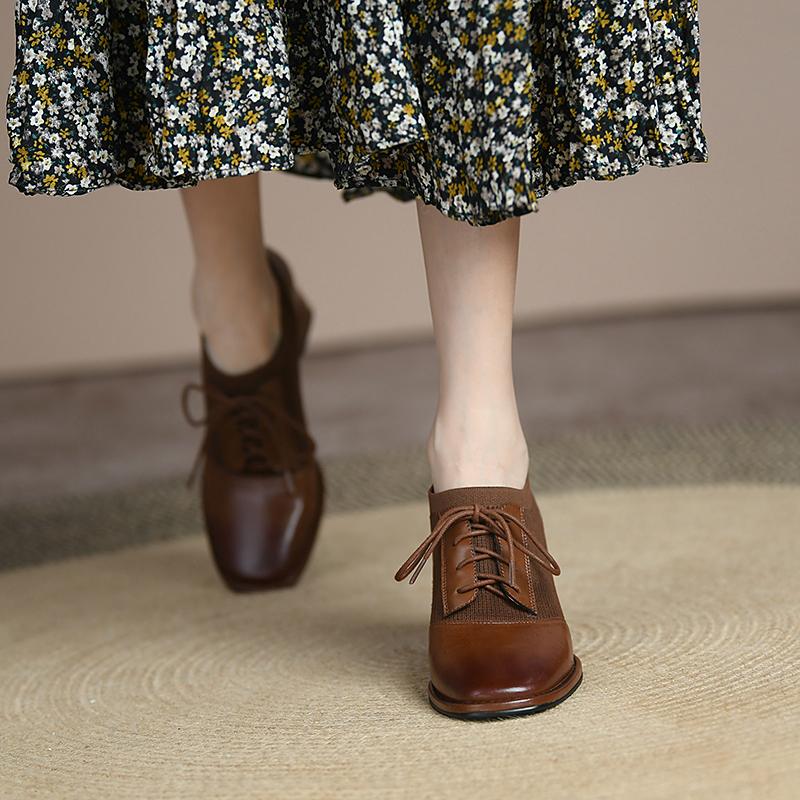 Fashion 2024 Spring Women Shoes Pumps Square Toe Lace-Up Chunky Heel Shoes Women Casual Solid Split Leather Shoes for Women Heels Shoes