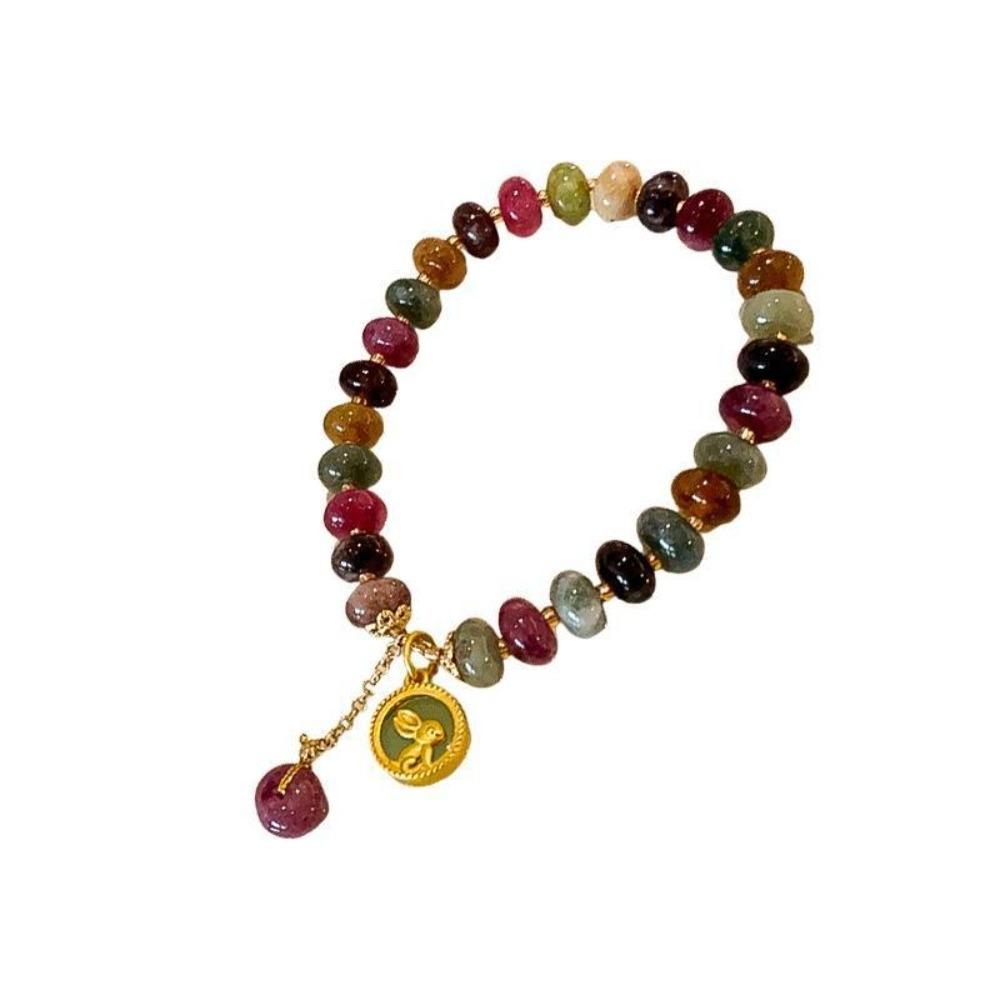 Colorful Bead String Bracelet Rabbit Pendant Beaded Hand Bangle Retro Stone Beads Bracelet  Girls