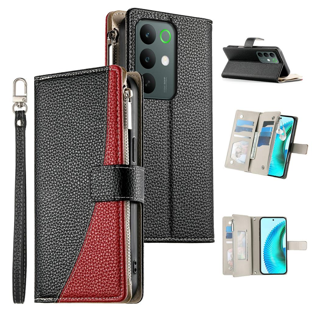 For Realme C85 5G Case Zipper Wallet Color Splicing Leather Flip Phone Cover with Straps