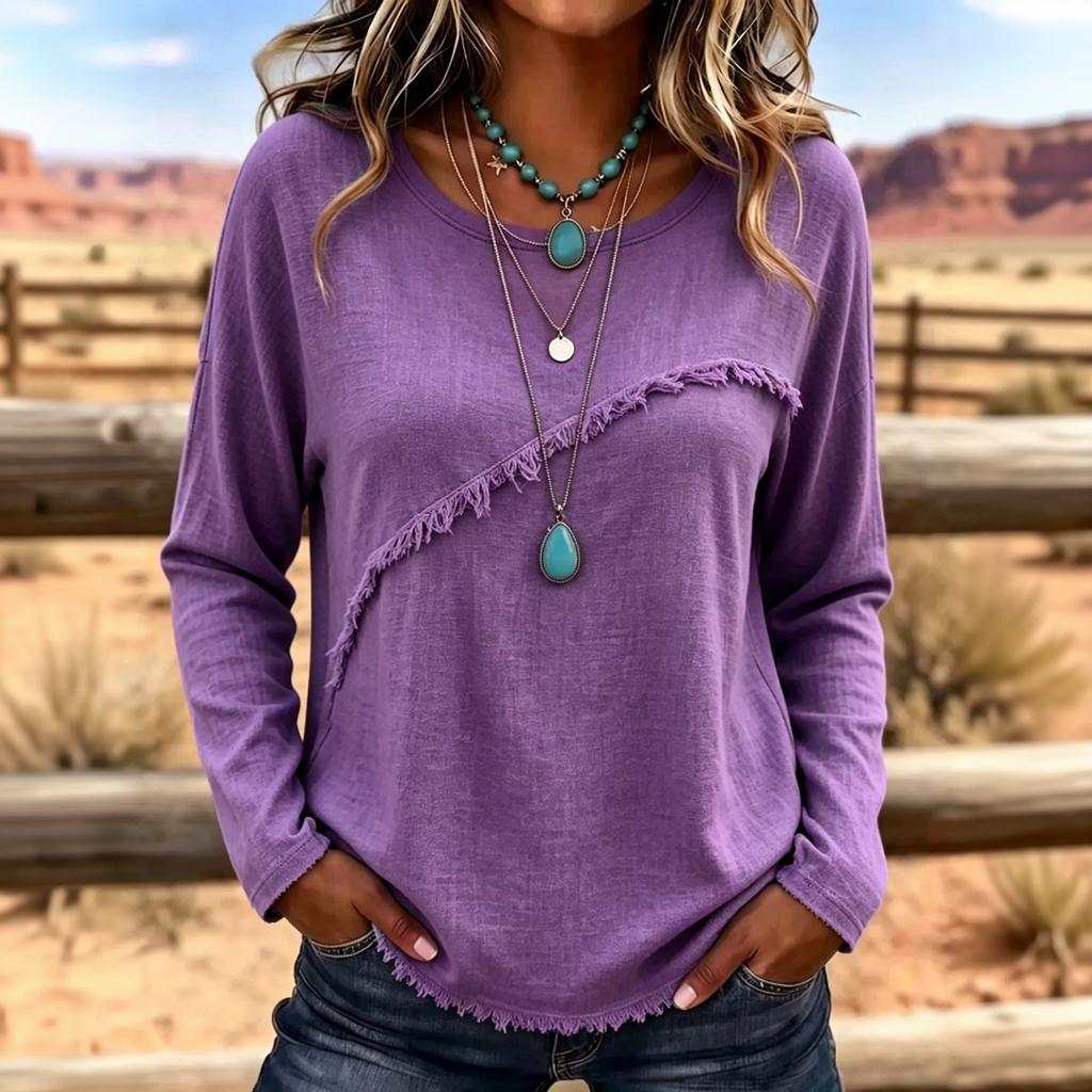 Women's Retro Trim Long Sleeve Blouse, Color Round Neck Top for Casual Wear