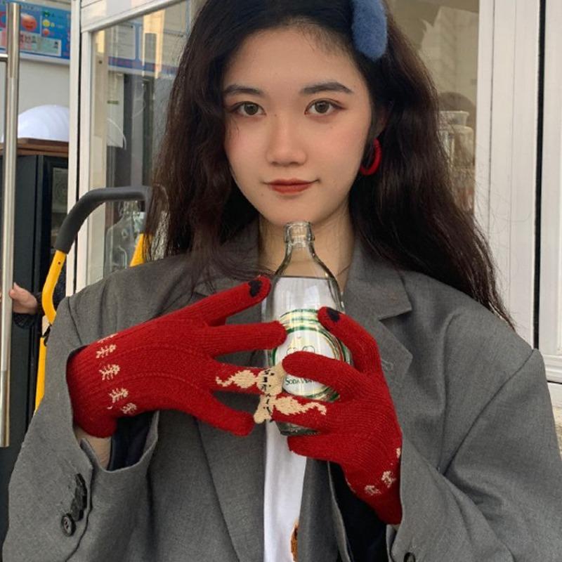 Christmas red finger gloves female winter student cute thickened plush riding warm winter tide