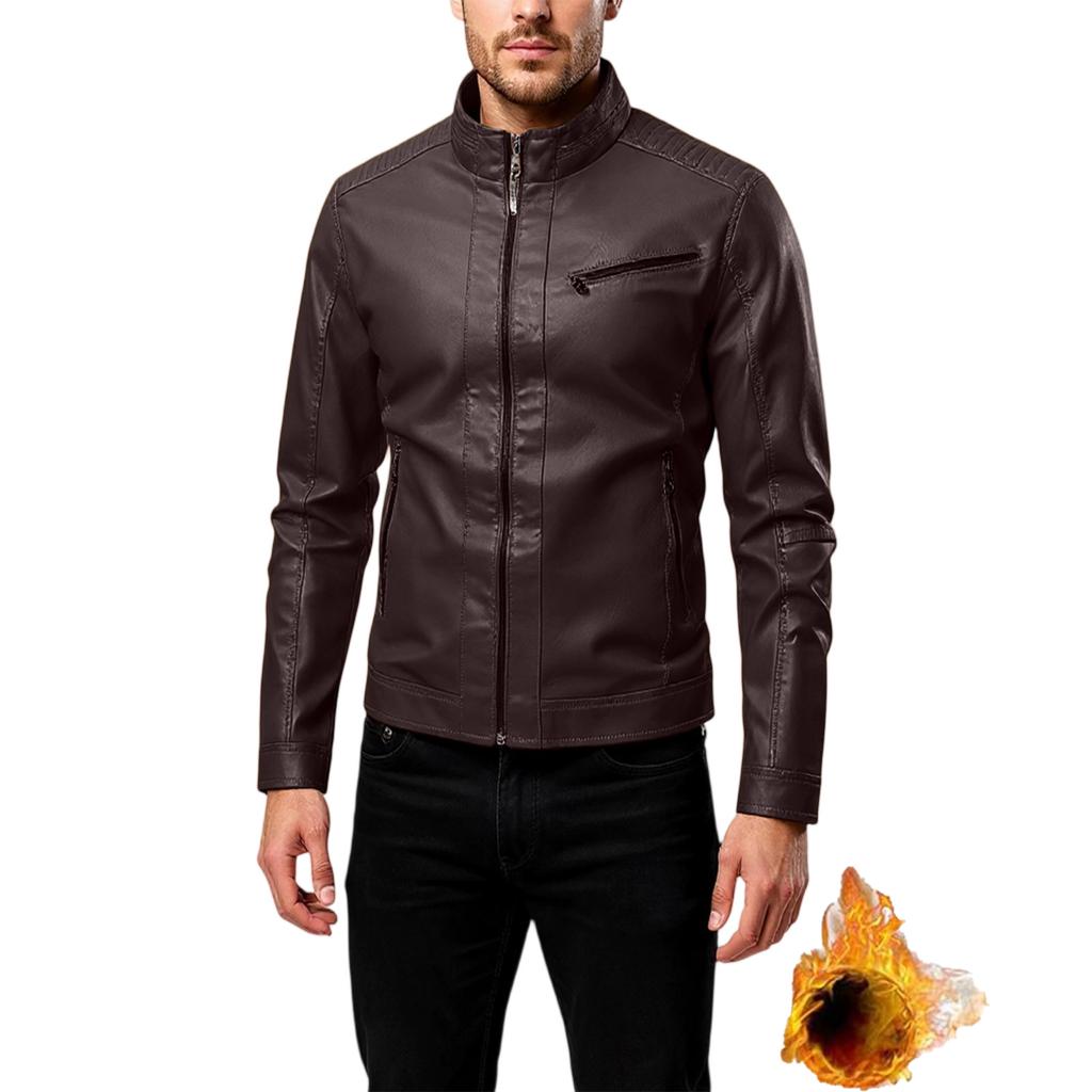 Men's Leisure Standing Collar Adding Fleece Style Locomotive Leather Jacket Jacket Coat