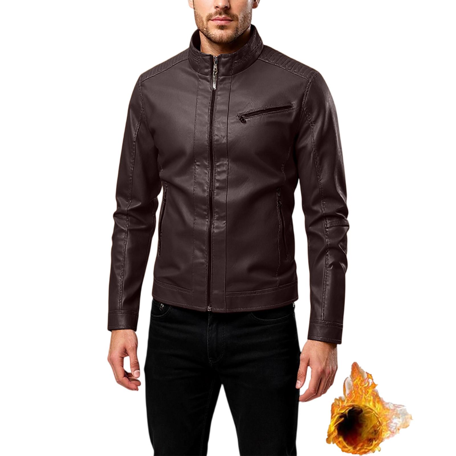 

Мужская повседневная куртка-косуха из кожи с воротником-стойкой и флисовой подкладкой XXL кофейный