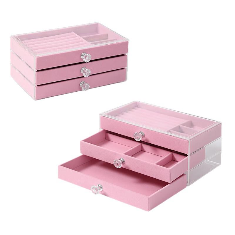 Triple-Layer Velvet Jewelry Box: Dustproof Drawer-Style Organizer and Decorative Storage