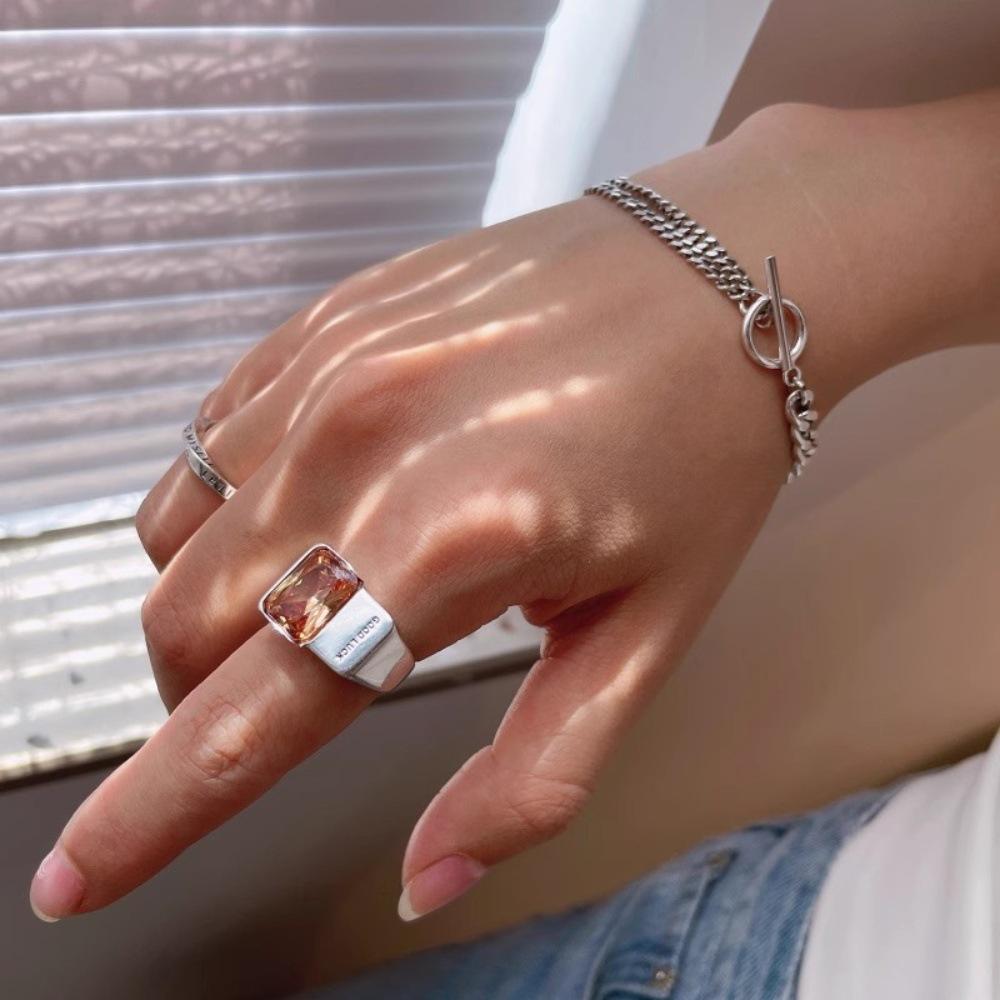 Fashion Letter Good Luck Letter Square Crystal Stainless Steel Opening Couple Rings for Women Men Luxury Charm Finger Jewelry