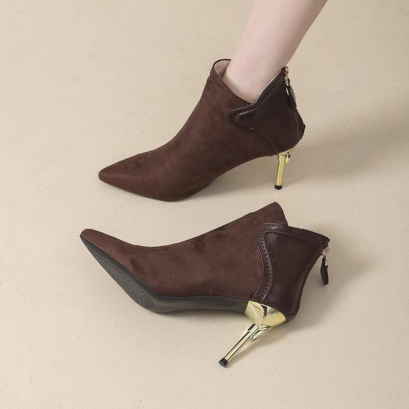 Pointed Short Boots Women's Thin Heels 2025 Autumn and Winter New Temperament High Heel Short Women's Boots Frosted Leather Splicing Bare Boots
