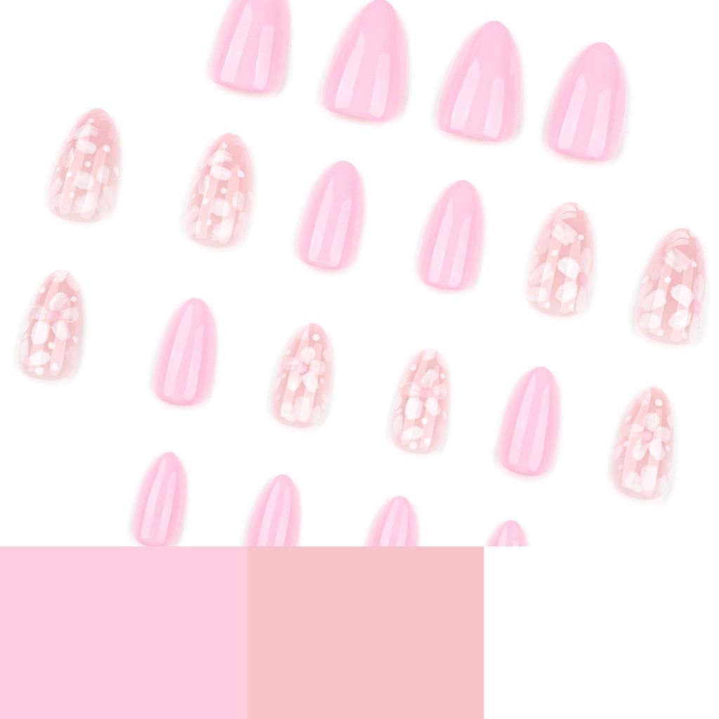 24Pcs Almond Press On Nail Flower Design French Fake Nail Acrylic False Nail,Artificial Nail Glues On Nail for Womens