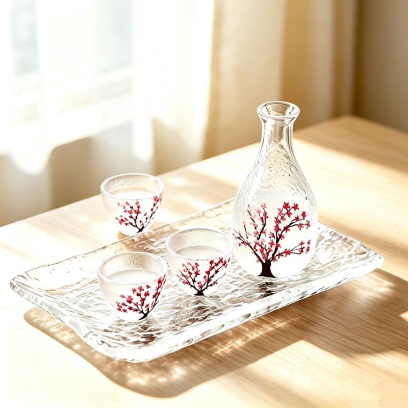 Japanese Plum Blossom Sake Set: Glass Warmer Pot & Wine Cup for Shochu and Baijiu
