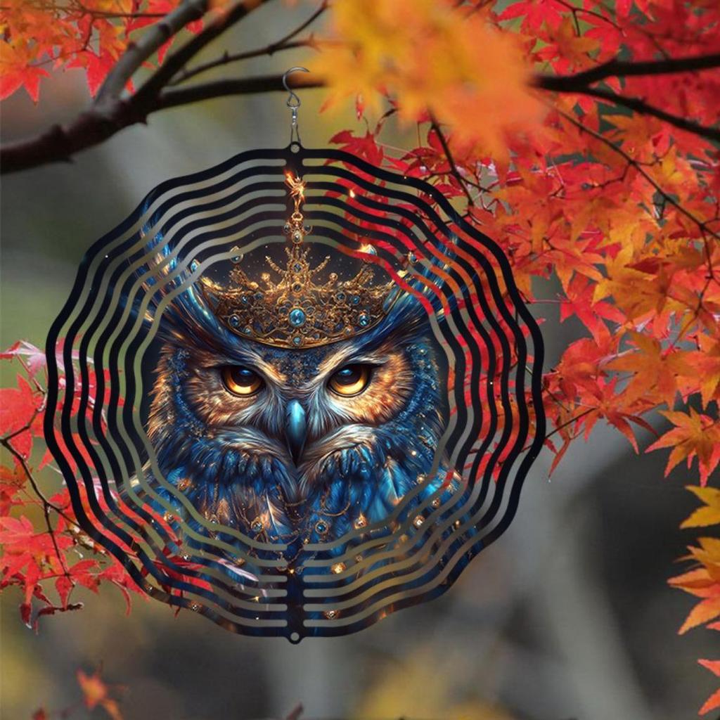 Metal Wind Chime with Crowned Owl Design Dual Direction Spinning No Electricity Needed for Garden Patio Yard Outdoor Decoration