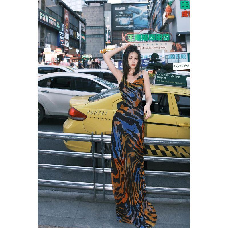 

Fashion Retro Sexy Printing Slip Dress Female Summer Sexy Pure Desire Pile Collar Open Back Hip Bag Fishtail Dress Color S