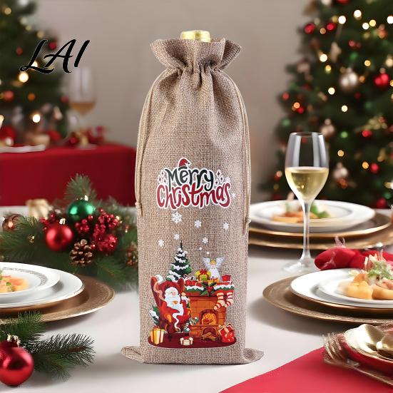 Imitation Linen Wine Pouches Christmas Bottle Bag Vintage Drawstring Sleeve Reusable Faux Holiday Party Packaging Cover Clothes for New Year Wedding