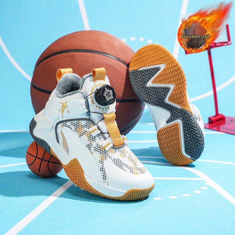 Winter 2025 Children's Non-Slip Leather Basketball Shoes with Velvet Lining