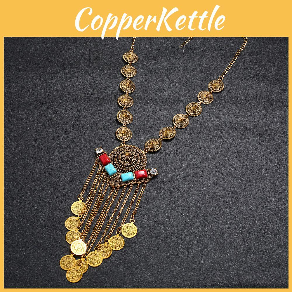 Multilayer Women Retro Coin Long Pendant Necklace With Alloy Waterfall Chain