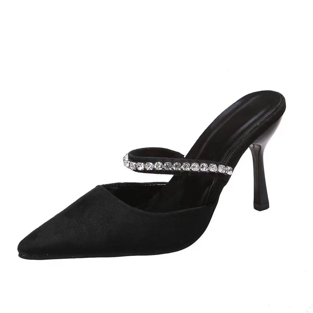 Europe, America 2025 Summer New Large Size Women's Shoes Casual Rhinestone Pointed Bag Head Thin Heel High Heel Slippers Women