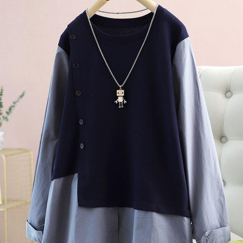 Plus Size Women S Long Sleeve Loose Fake Two Piece Casual Shirt