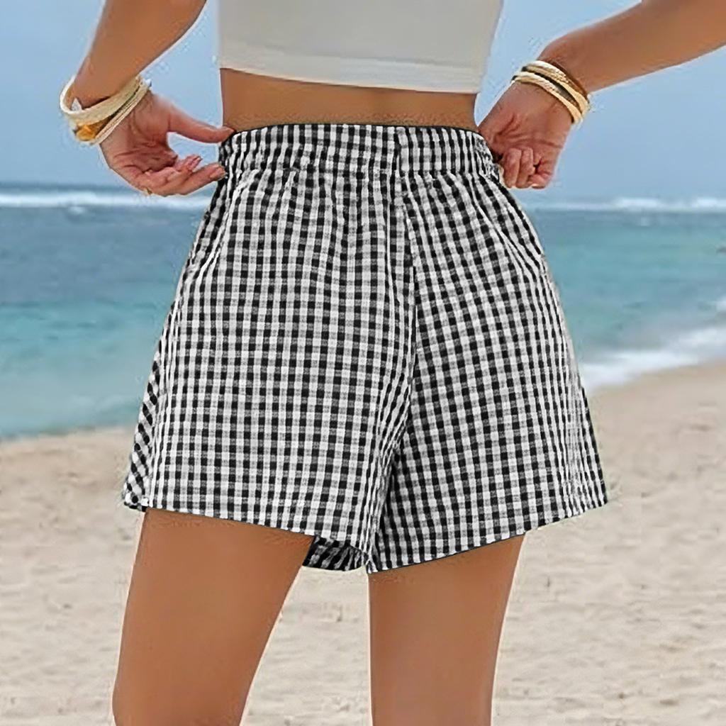 Women's Casual Plaid High Waist Shorts Loose Fit Summer Beachwear Lightweight Breathable Comfortable Flat Front Shorts