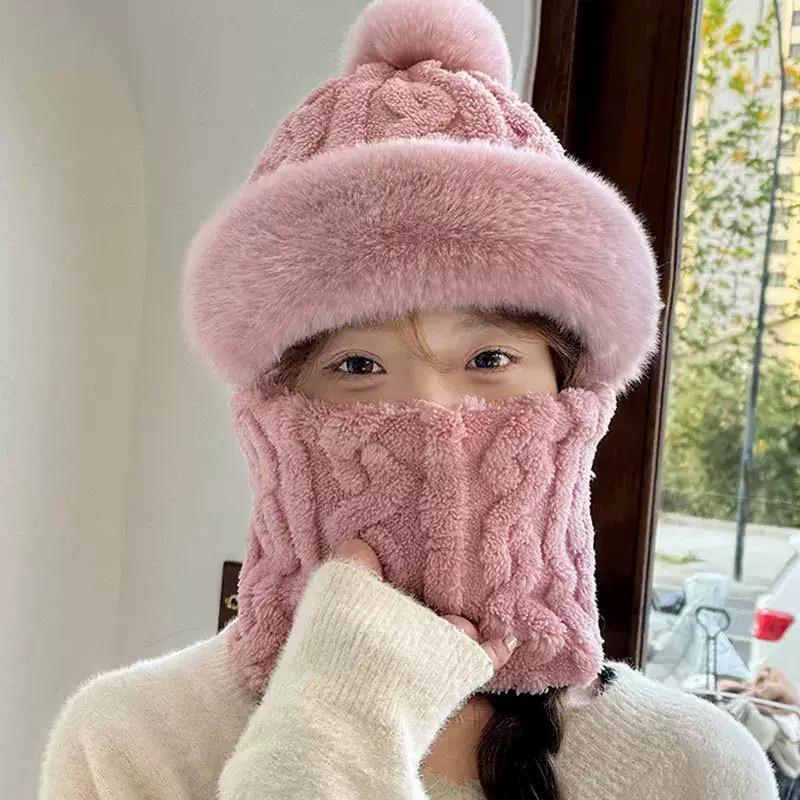 **Stor Hovedstørrelse Integreret Hue Kvinder Efterår Vinter Fleece Fortykket Ansigtsdækning Strikket Hue Halsedisse Maske Varm Pullover Balaclava**