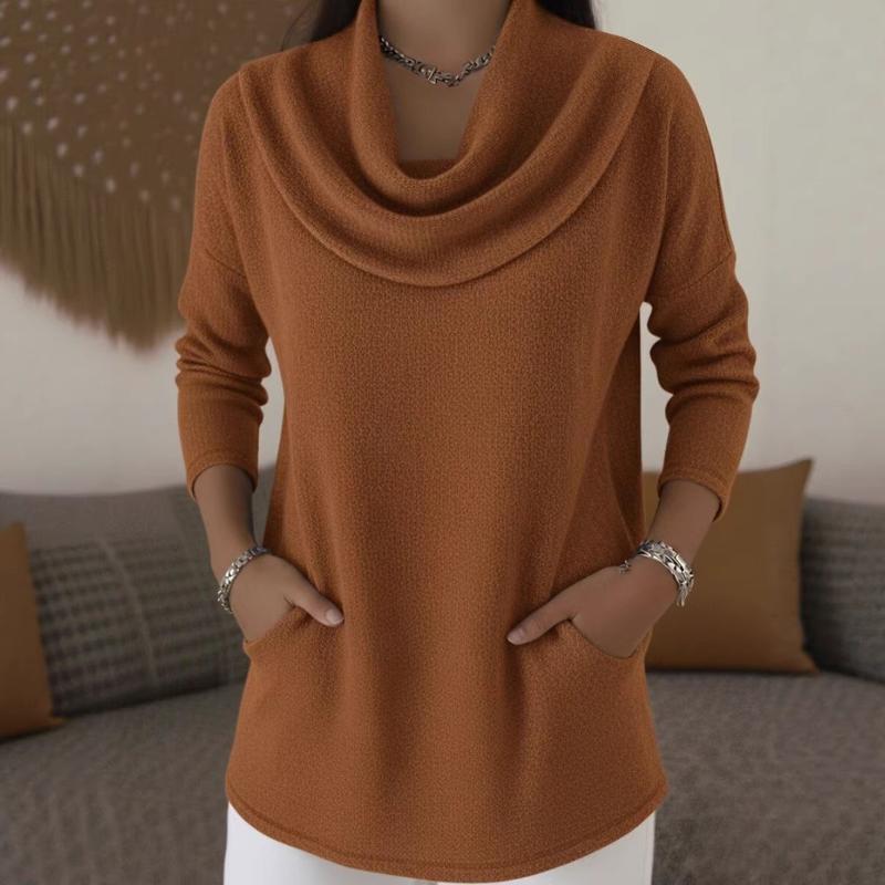 Women's Cowl Neck Loose Fit Knit Top with Pockets Casual Long Sleeve Caramel Blouse