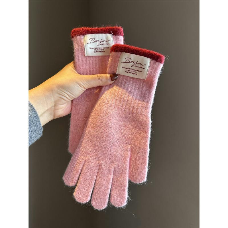 Contrasting color small standard knitted gloves for women, warm and cold-proof for riding in winter, dew fingers can touch the screen