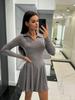 Elegant Autumn Lapel Long Sleeve High Waist Ruffle Hem Slim Pleated Short Comfortable Lightweight Recognition Elegant with Flattering Chic Dress