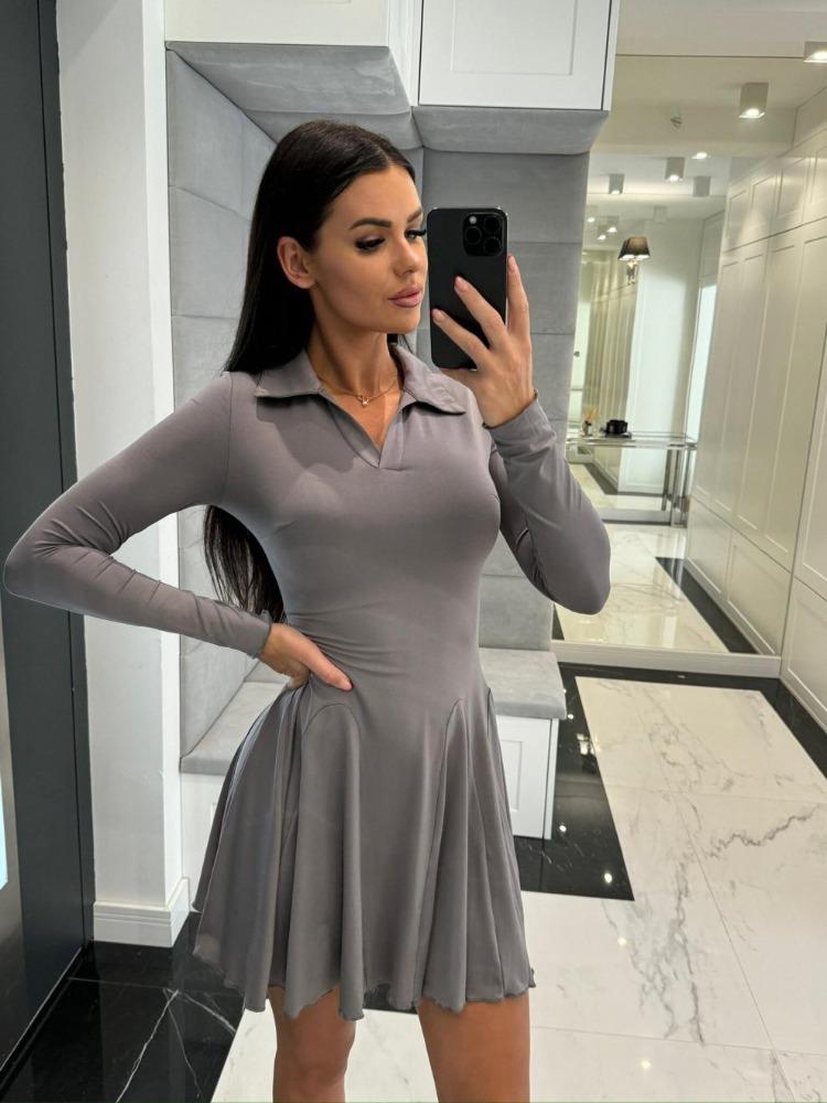 Elegant Autumn Lapel Long Sleeve High Waist Ruffle Hem Slim Pleated Short Comfortable Lightweight Recognition Elegant with Flattering Chic Dress