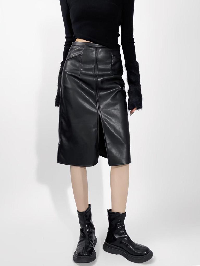 Slimming PU Leather High Slit Midi Skirt - Retro High Waist Hip-Hugging Style