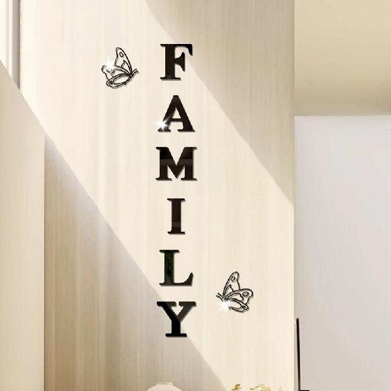 Two Butterflies English Letters Family 3D Mirror Wall Stickers Self-Adhesive DIY Acrylic Decals For Living Room Home Decoration