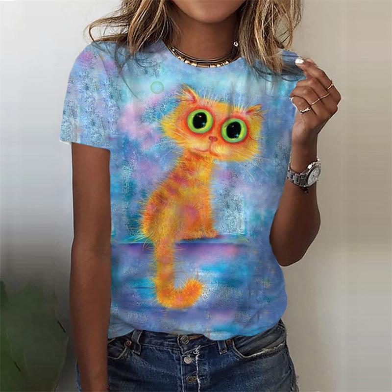 Funny Animal T Shirt Cute Cat Graphics 3D Print Women's Round Neck Short Sleeve T Shirts Harajuku Y2K Tops Female Tees Clothing