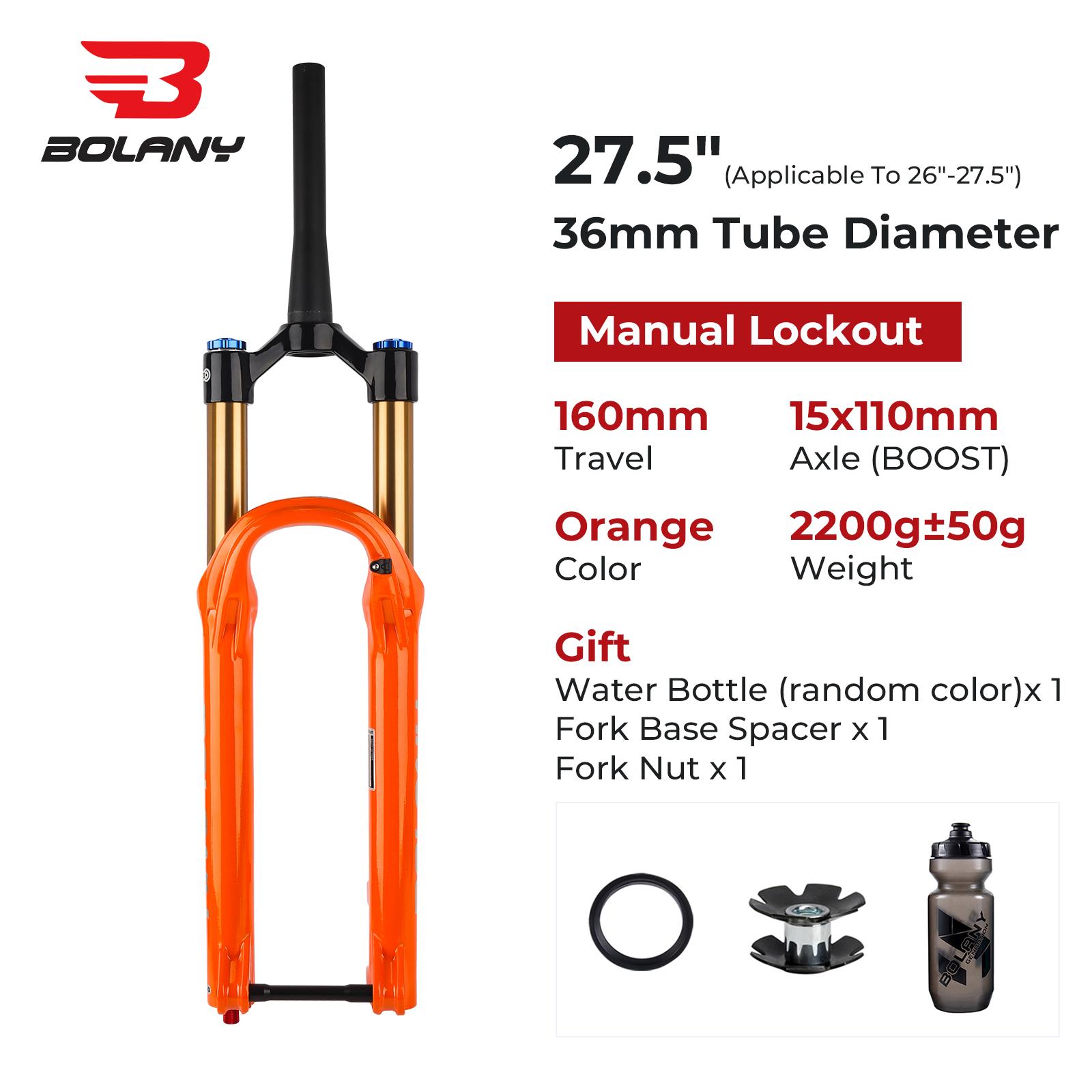 BOLANY MTB Boost Air Fork 27.5/29Inch Suspension Fork 160mm Travel 36mm Tube 15x110mm Mountain Bike Damping Adjustable Bike Fork 27.5 Orange
