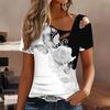 Women Leopard Print Cold Shoulder Short Sleeve T Shirt Irregular Cutout Neck Casual Summer Blouse Top