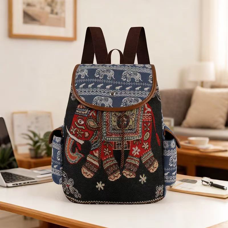 2026 New Female Ethnic Style Backpack Casual Plaid Drawstring Retro Women Large Capacity School Bag Drawstring Bucket Bag