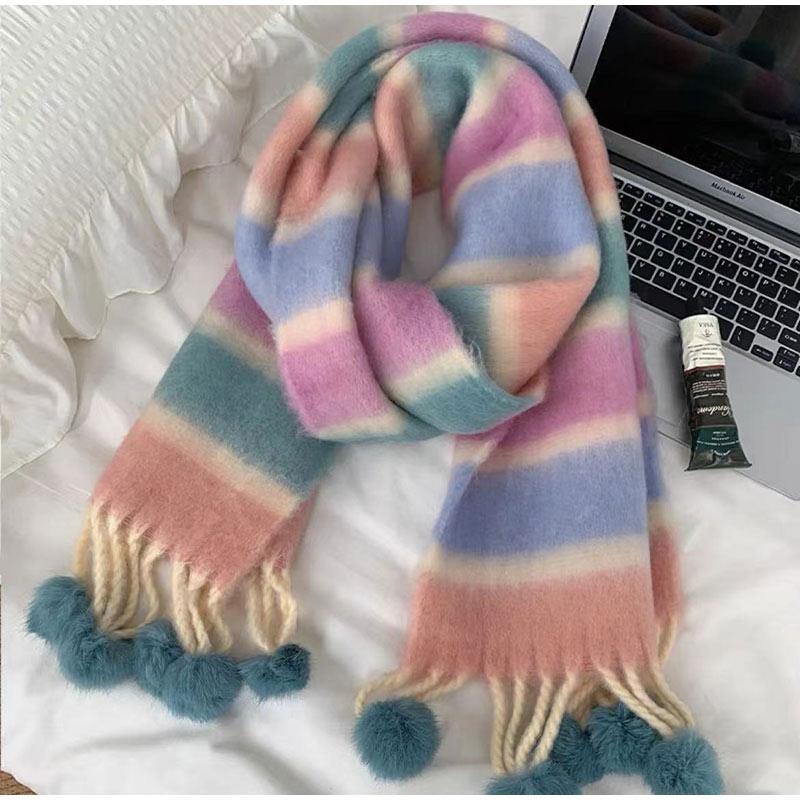Mohair Striped Tassel Scarf Ladies Autumn and Winter New Fashion Scarf All-match Warm High-quality Scarf