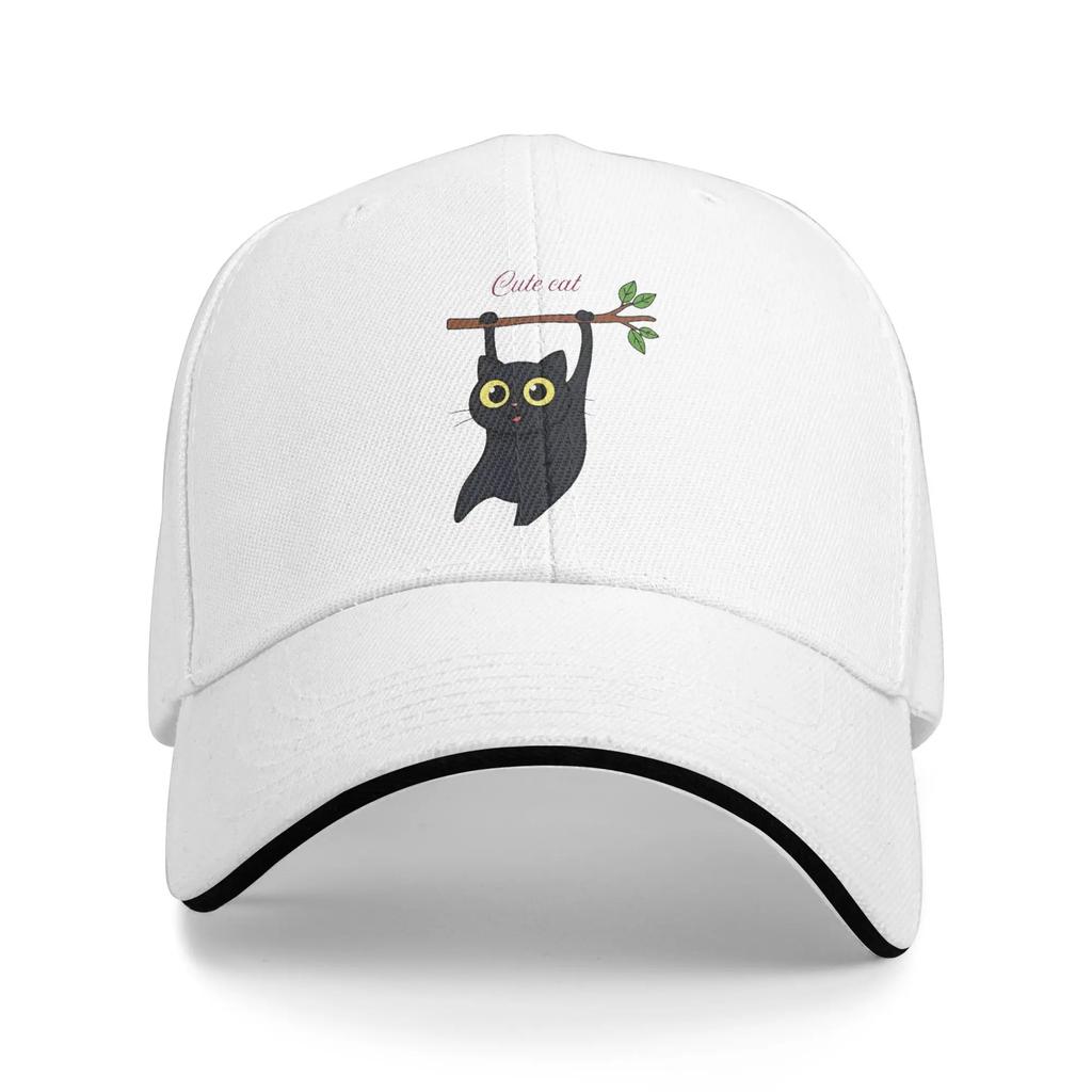 Cute Black Cat Hanging On Casual Baseball Cap Spring Trucker Hat Adjustable Outdoor Sports Snapback Cap Unisex Unisex Fashion Caps