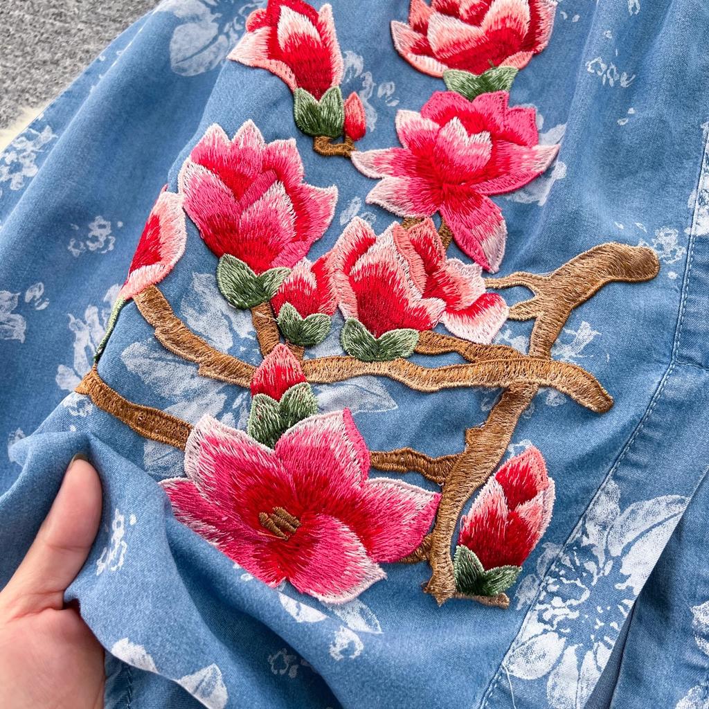 New Elegant Women Square Collar Embroidery Flowers Denim Dress Vintage Summer Single Breasted Printing Soft Long Dresses