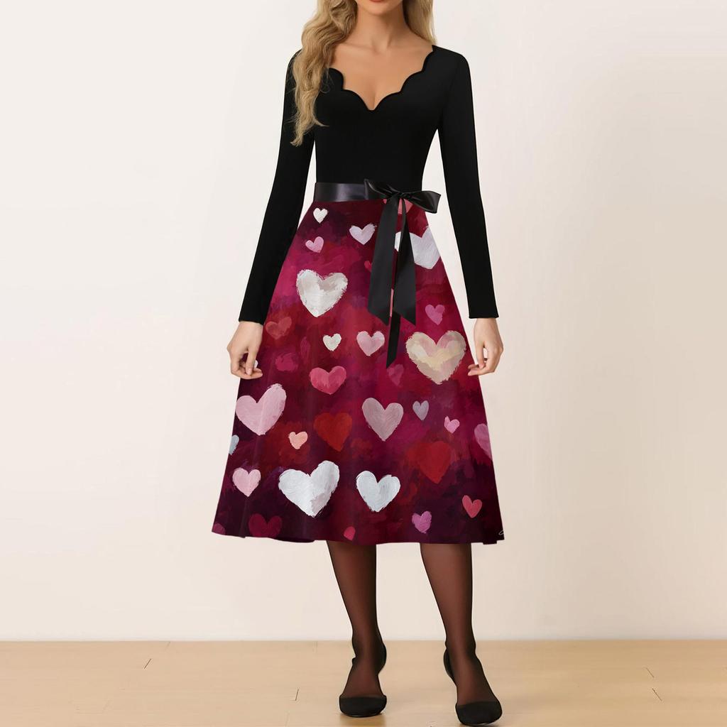 Damen Casual Mode V-Ausschnitt Valentinstag Print Retro Kleid
