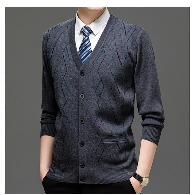 Men Plaid Knit Button Cardigan Casual Sweater Outerwear For Middle Aged Men