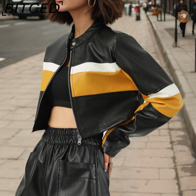 BITCED PU Leather Contrast-Colour Patchwork Sexy Leather Jacket, Stand Collar, Slim-Fit Cropped Style, Trendy Biker Jacket for Women