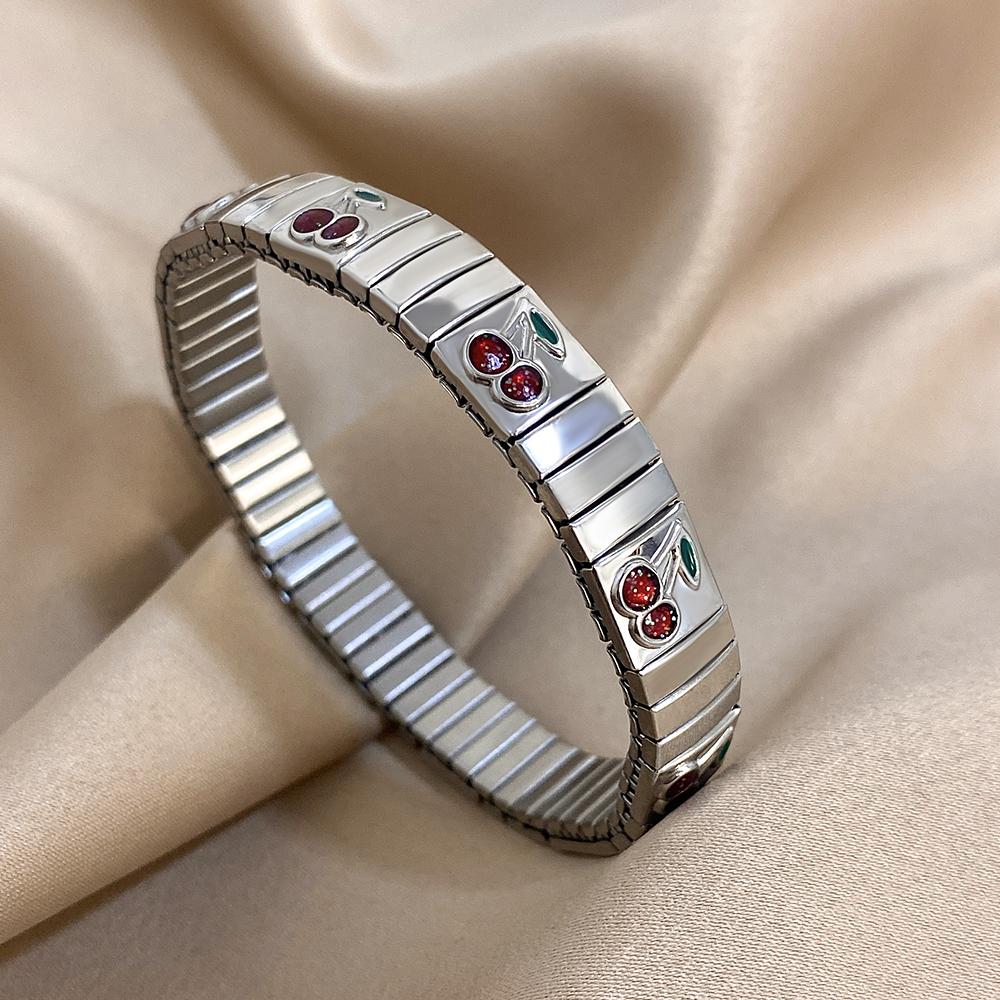 316L Stainless Steel Gold Color Strawberry Cherry Elastic Bangle Bracelet For Women Men Statement New Trend Wrist Zircon Gift