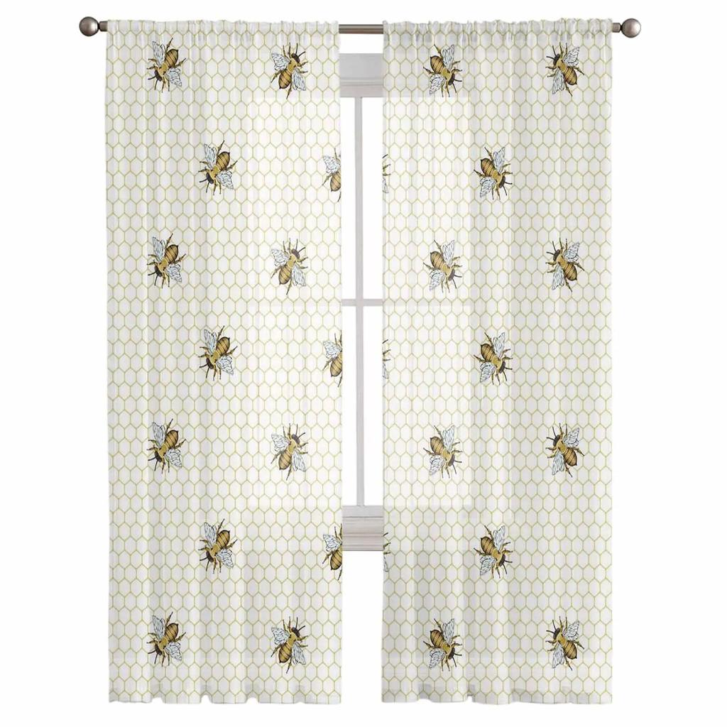 Plaid Bee Geometry Sheer Window Curtains For Living Room Kitchen Children Bedroom Voile Hanging Curtain